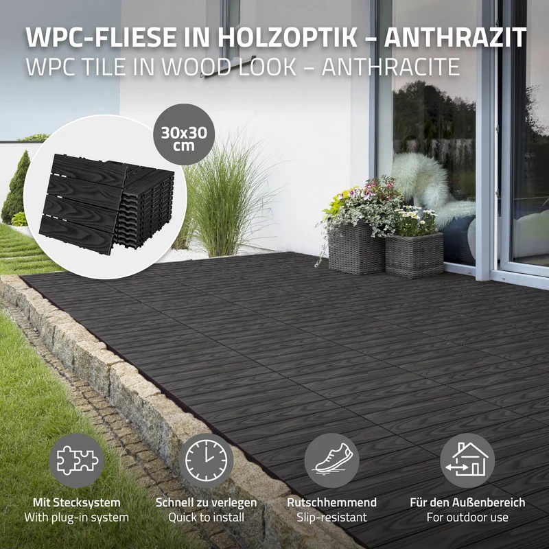 5x WPC Terrassenfliesen 30x30 cm 11er Spar Set für 1m² Anthrazit in Holzoptik Bodenbelag mit Drainage und Klicksystem