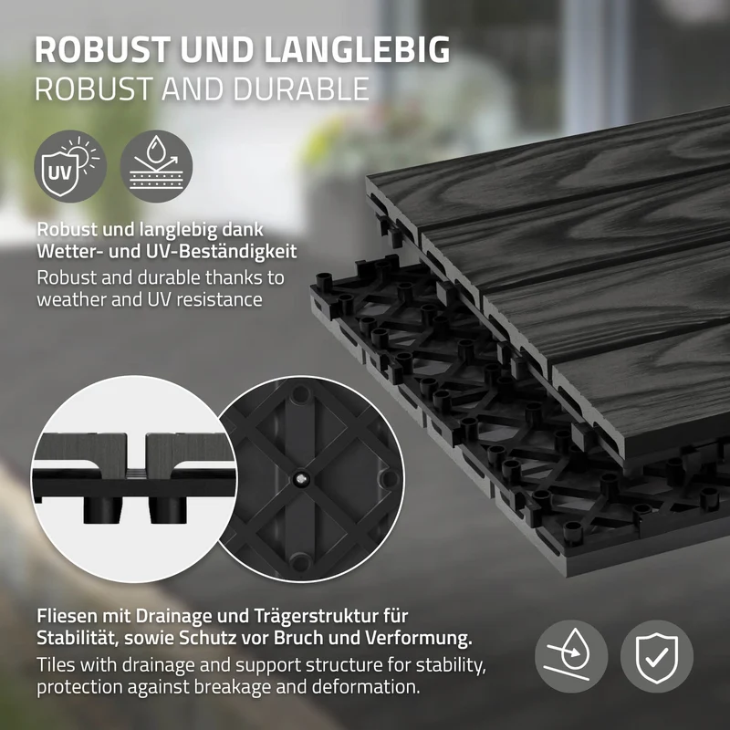 5x WPC Terrassenfliesen 30x30 cm 11er Spar Set für 1m² Anthrazit in Holzoptik Bodenbelag mit Drainage und Klicksystem