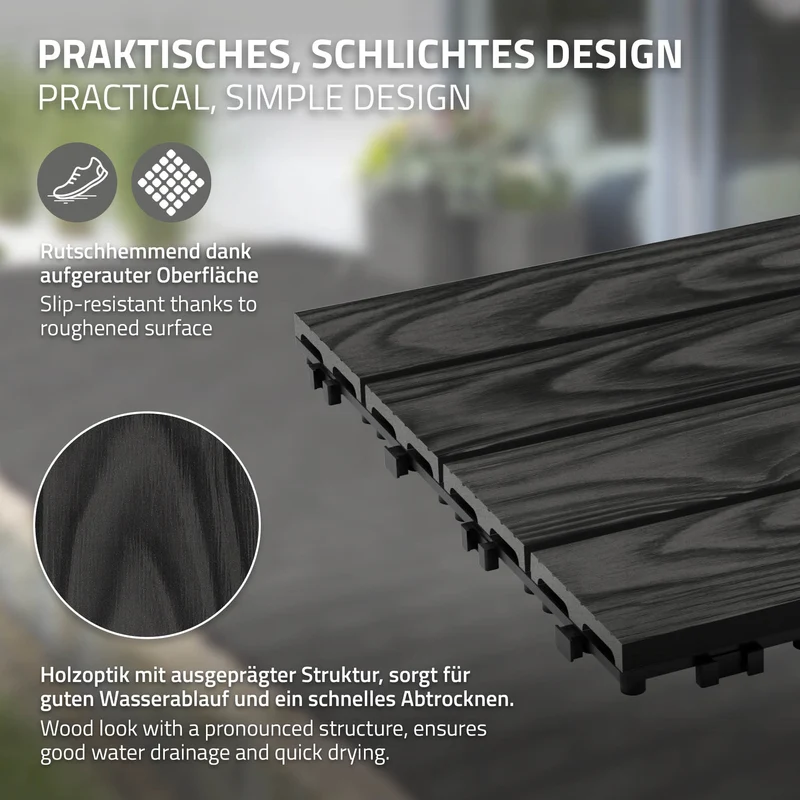 5x WPC Terrassenfliesen 30x30 cm 11er Spar Set für 1m² Anthrazit in Holzoptik Bodenbelag mit Drainage und Klicksystem