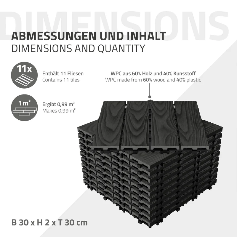 5x WPC Terrassenfliesen 30x30 cm 11er Spar Set für 1m² Anthrazit in Holzoptik Bodenbelag mit Drainage und Klicksystem