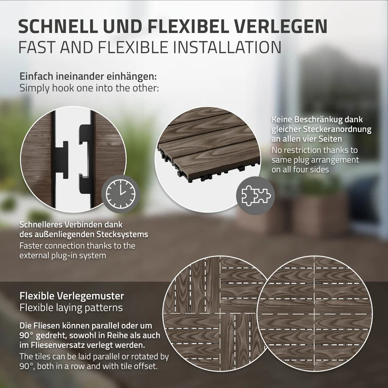 5x WPC Terrassenfliesen 30x30 cm 11er Spar Set für 1m² Dunkelbraun in Holzoptik Bodenbelag mit Drainage & Klicksystem