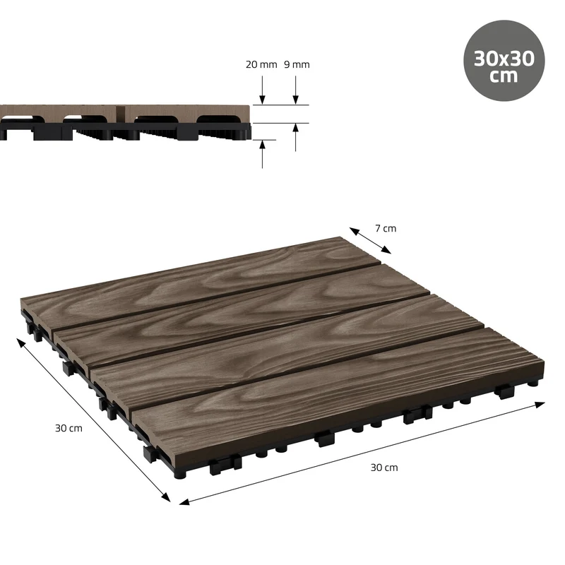 5x WPC Terrassenfliesen 30x30 cm 11er Spar Set für 1m² Dunkelbraun in Holzoptik Bodenbelag mit Drainage & Klicksystem