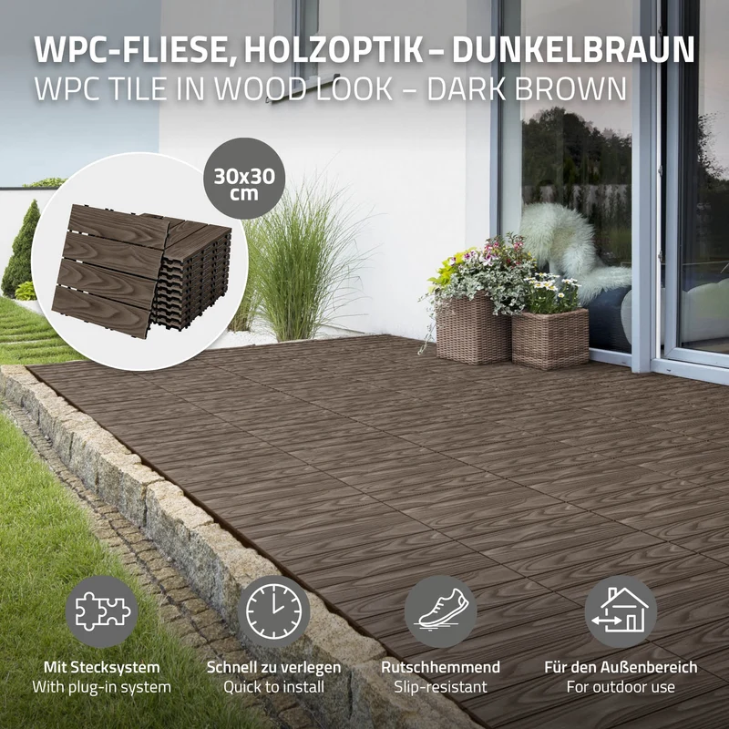 2x WPC Terrassenfliesen 30x30 cm 11er Spar Set für 1m² Dunkelbraun in Holzoptik Bodenbelag mit Drainage & Klicksystem