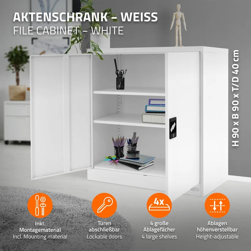 B-Ware Aktenschrank abschließbar 90x40x90 cm Weiß aus Stahl ML-Design
