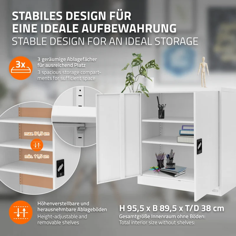 B-Ware Aktenschrank abschließbar 90x40x90 cm Weiß aus Stahl ML-Design