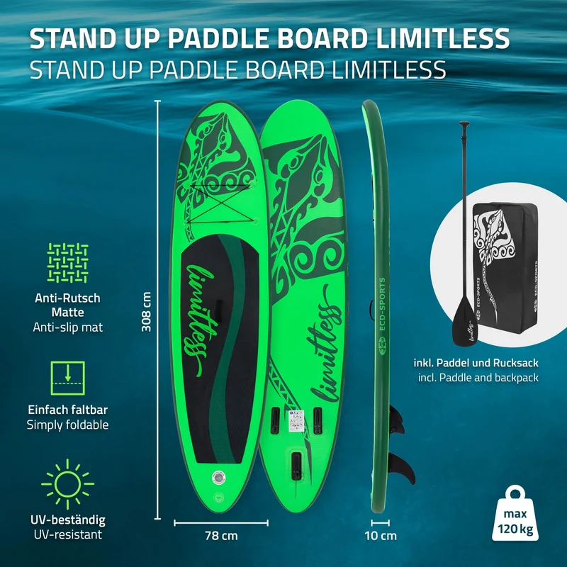 Stand Up Paddle aufblasbares SUP Board Limitless 308x76x10 in Grün aus PVC inkl. Pumpe und Tragetasche