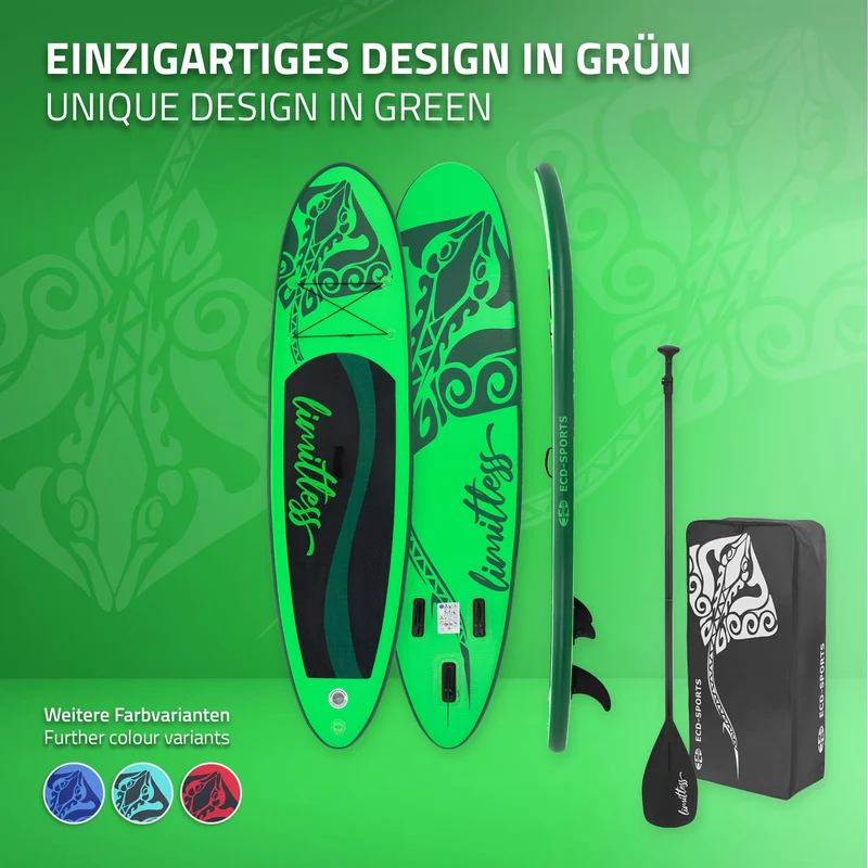 Stand Up Paddle aufblasbares SUP Board Limitless 308x76x10 in Grün aus PVC inkl. Pumpe und Tragetasche