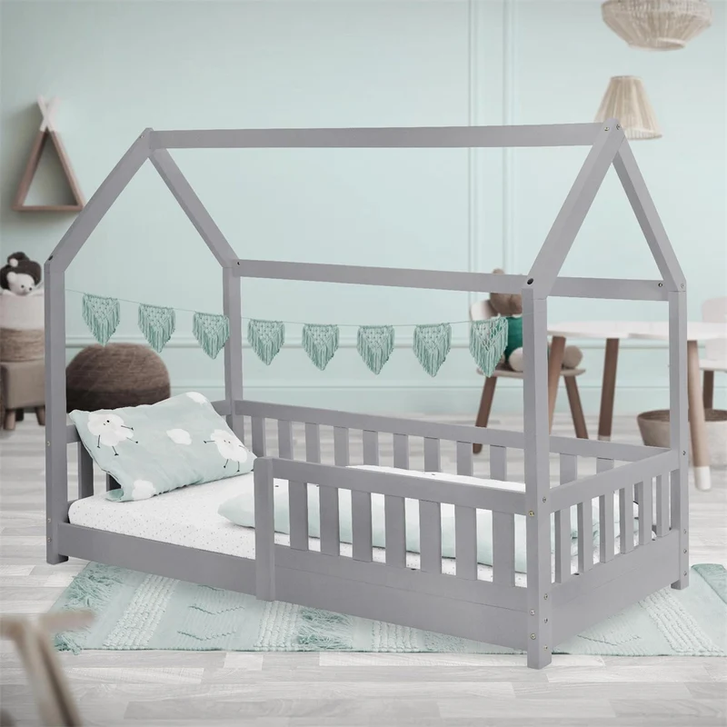 B-Ware Kinderbett Hausbett 80x160 cm Hellgrau aus Kiefernholz mit Rausfallschutz Dach und Lattenrost Holzbett ML-Design