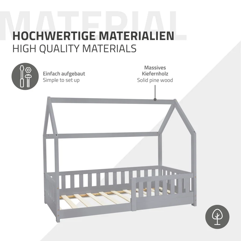 B-Ware Kinderbett Hausbett 80x160 cm Hellgrau aus Kiefernholz mit Rausfallschutz Dach und Lattenrost Holzbett ML-Design