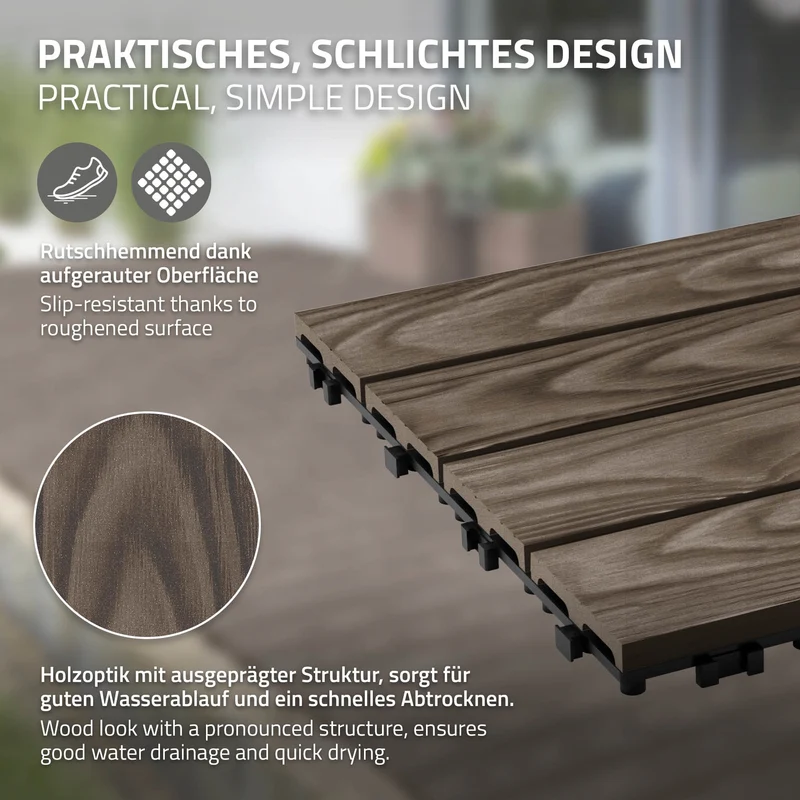 4x WPC Terrassenfliesen 30x30 cm 11er Spar Set für 1m² Dunkelbraun in Holzoptik Bodenbelag mit Drainage & Klicksystem