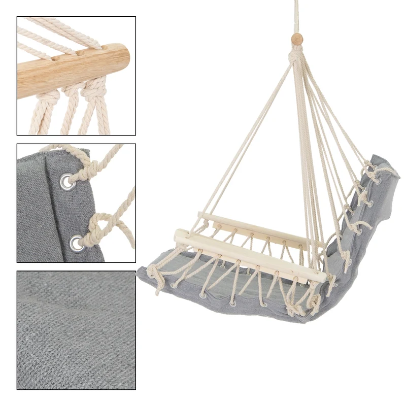 Hängesessel mit Gestell 45x100x46 cm Grau aus Baumwolle und Hartholz