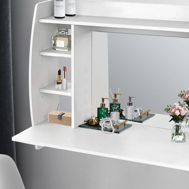 Wandschminktisch mit Spiegel 110x75x48,5 cm Weiß aus MDF inkl. Hocker ML-Design