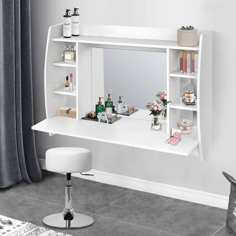 Wandschminktisch mit Spiegel 110x75x48,5 cm Weiß aus MDF inkl. Hocker ML-Design