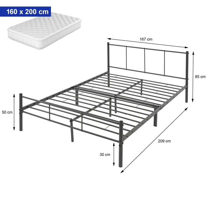 B-Ware Bettgestell Dopplbett Metallbett 160x200 cm Anthrazit mit Lattenrost & Kopfteil ML-Design