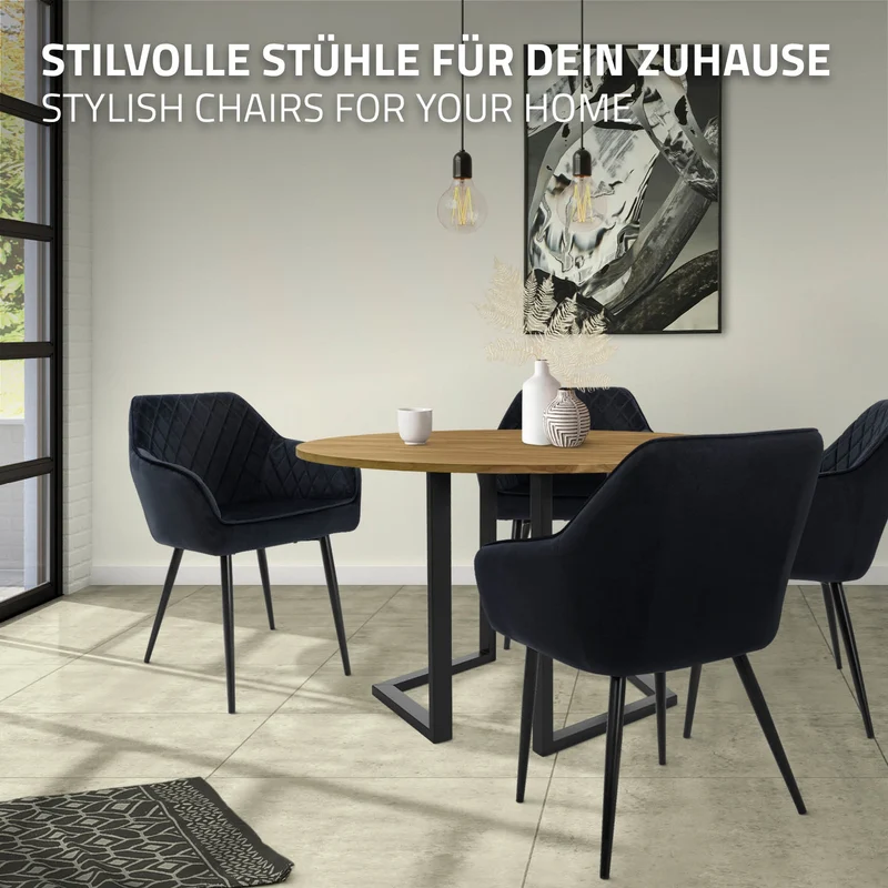 Esszimmerstuhl 4er Set Rauten Steppung Schwarz Samtbezug mit Metallbeinen inkl. Montagematerial ML-Design