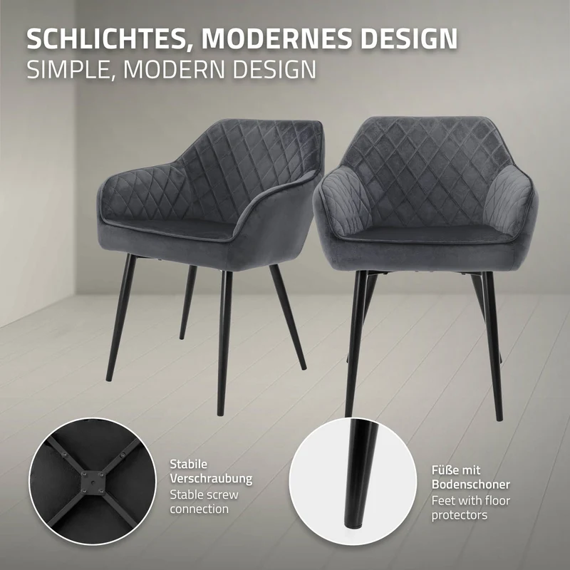 Esszimmerstuhl 4er Set Rauten Steppung Anthrazit Samtbezug mit Metallbeinen inkl. Montagematerial ML-Design