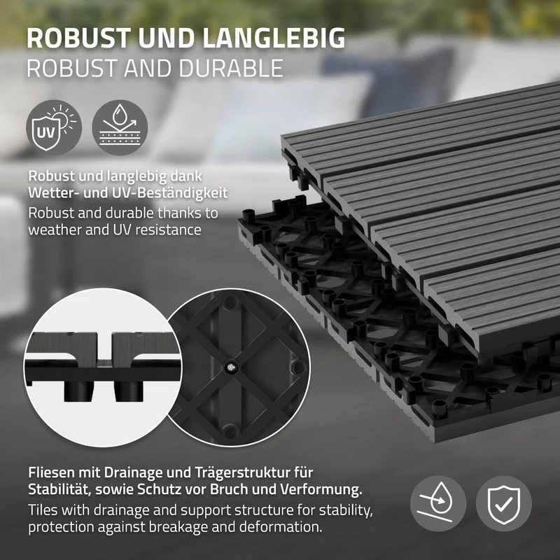 5m² 55 Stück WPC Terrassenfliesen 30x30 cm Anthrazit in Holzoptik Balkon Bodenbelag mit Drainage und Klicksystem Terrassendielen Balkonfliesen
