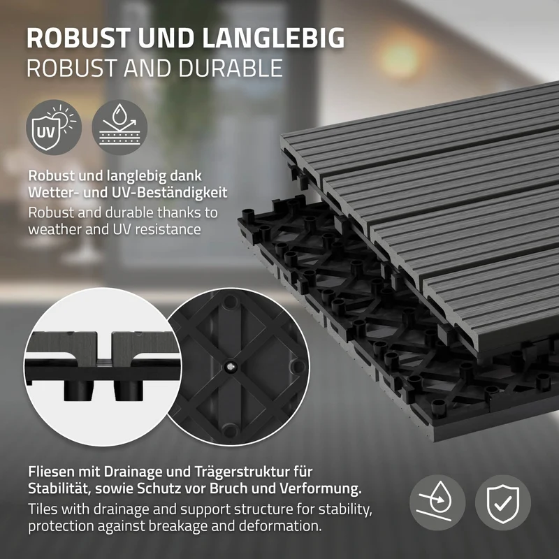 WPC Terrassenfliesen 60x30 cm 18er Set für 3m² Anthrazit in Holzoptik mit Drainage und Klicksystem