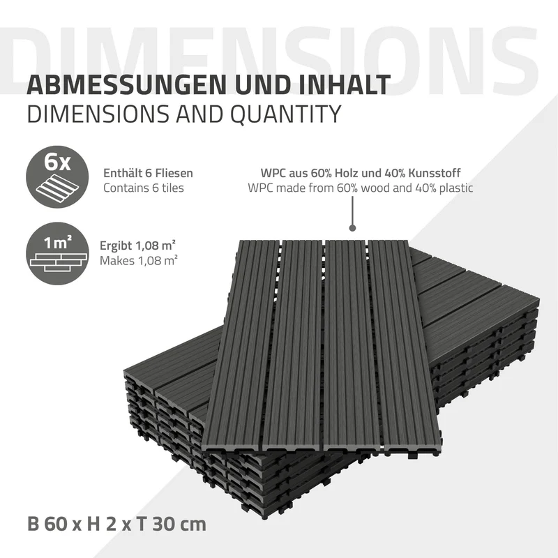Terrassenfliesen 60x30 cm 6er Set für 1m² Anthrazit aus WPC