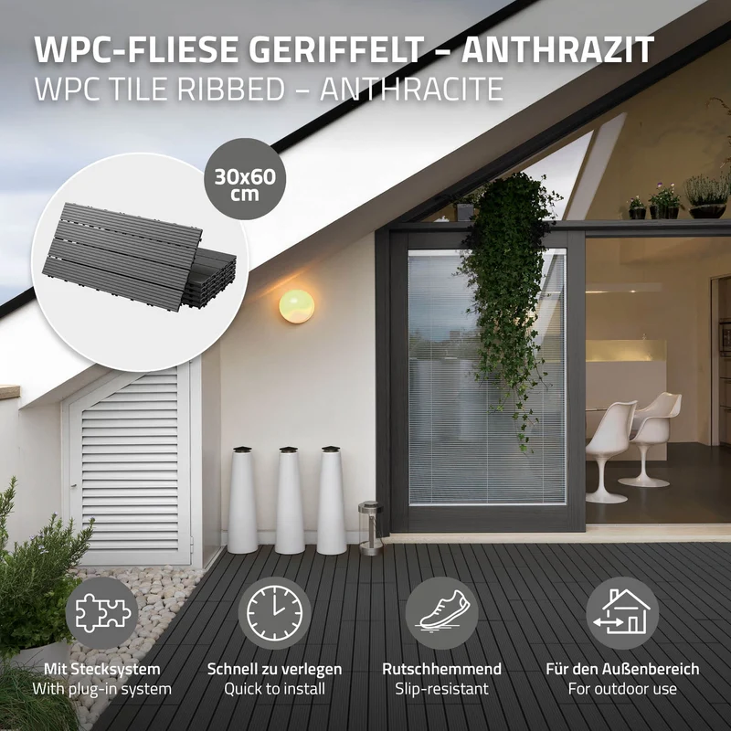 WPC Terrassenfliesen 60x30 cm 24er Set für 4m² Anthrazit in Holzoptik mit Drainage und Klicksystem