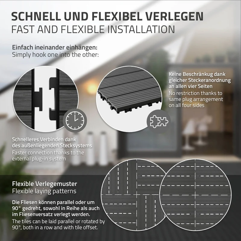 WPC Terrassenfliesen 60x30 cm 24er Set für 4m² Anthrazit in Holzoptik mit Drainage und Klicksystem
