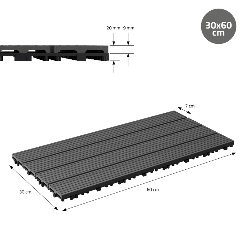 WPC Terrassenfliesen 60x30 cm 12er Set für 2m² Anthrazit in Holzoptik mit Drainage und Klicksystem