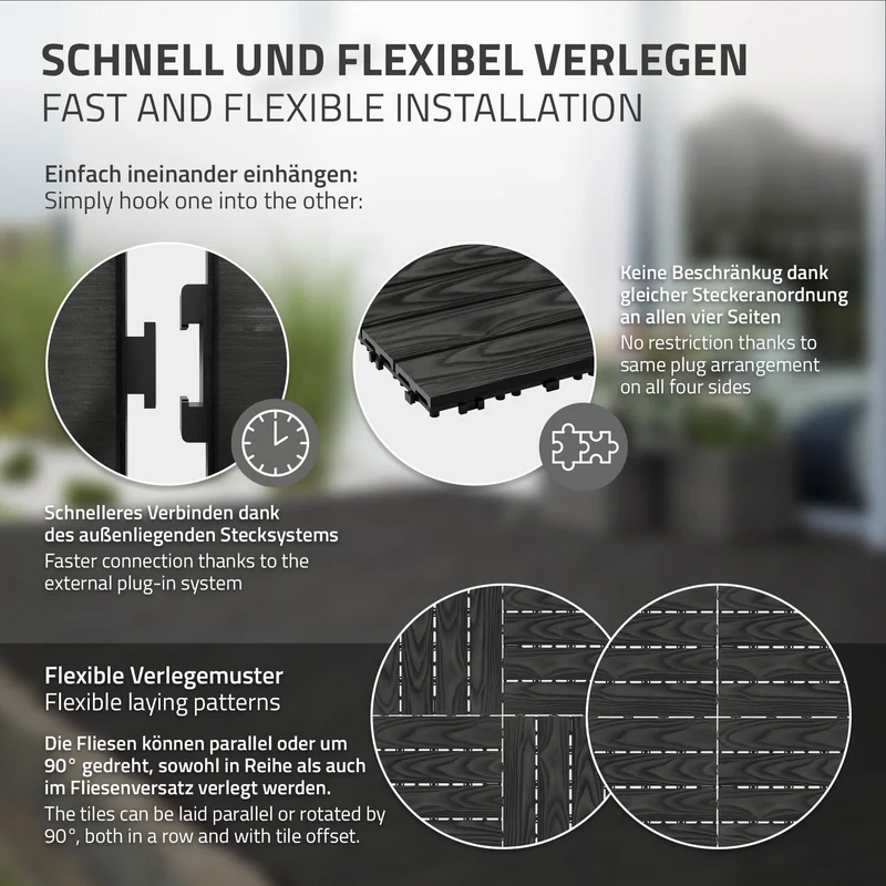 4x WPC Terrassenfliesen 30x30 cm 11er Spar Set für 1m² Anthrazit in Holzoptik Bodenbelag mit Drainage und Klicksystem