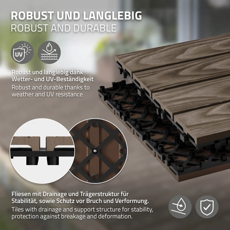3x WPC Terrassenfliesen 30x30 cm 11er Spar Set für 1m² Dunkelbraun in Holzoptik Bodenbelag mit Drainage & Klicksystem