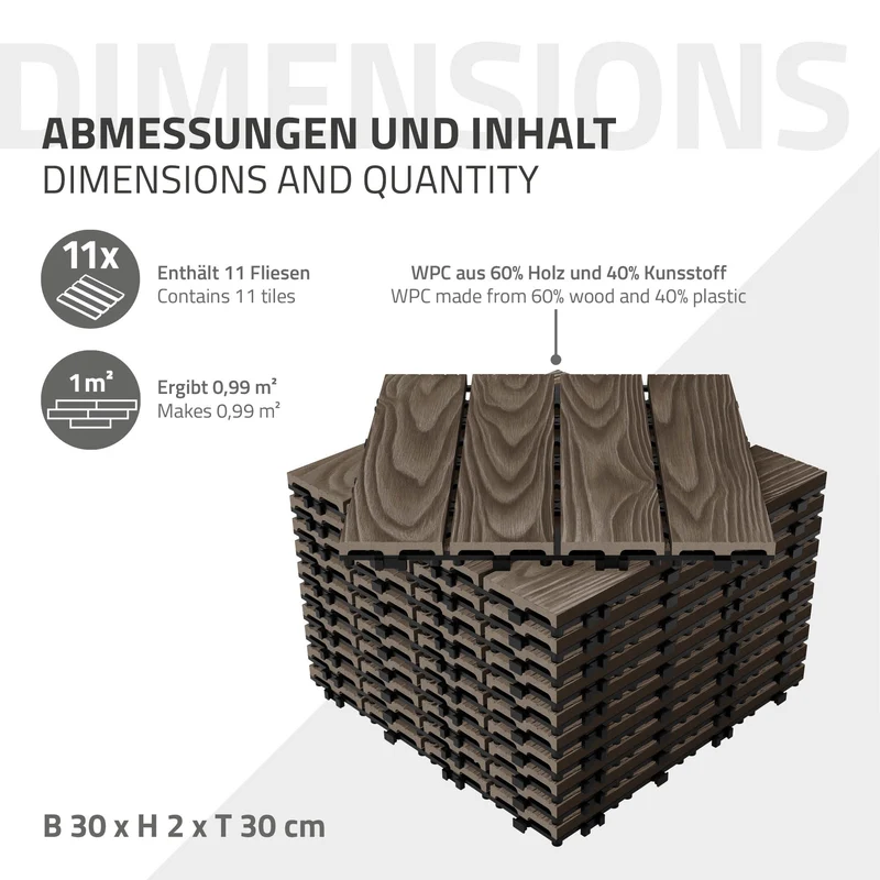 3x WPC Terrassenfliesen 30x30 cm 11er Spar Set für 1m² Dunkelbraun in Holzoptik Bodenbelag mit Drainage & Klicksystem