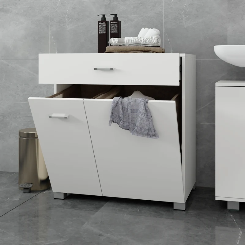 Badezimmerschrank Badschrank mit Wäschekorb 75x37x90 cm in Weiß ML-Design