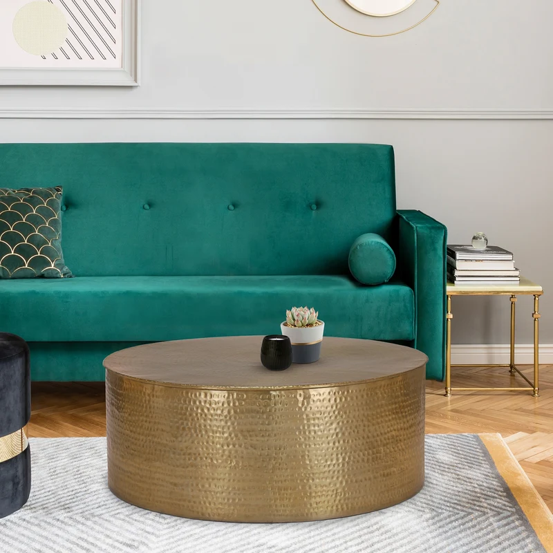 B-Ware Couchtisch Ø 90x46 cm Gold aus Aluminium in Hammerschlag Optik WOMO-Design