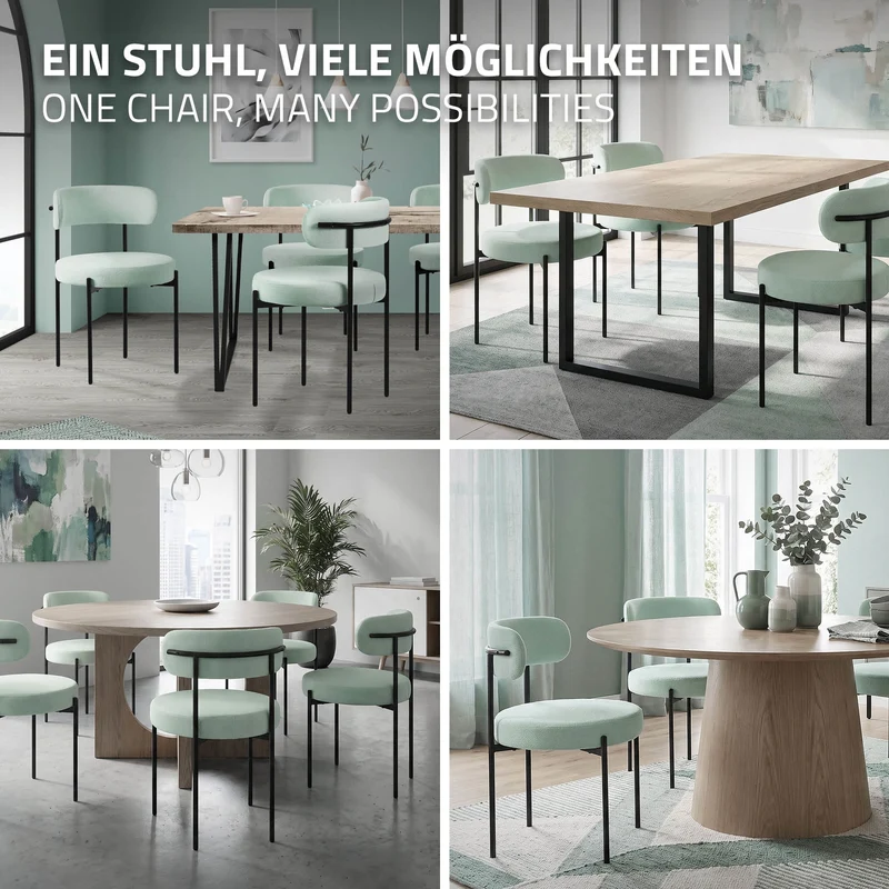 Esszimmerstuhl 6er Set mit Teddystoff mit Rückenlehne Grün Küchenstuhl ML-Design