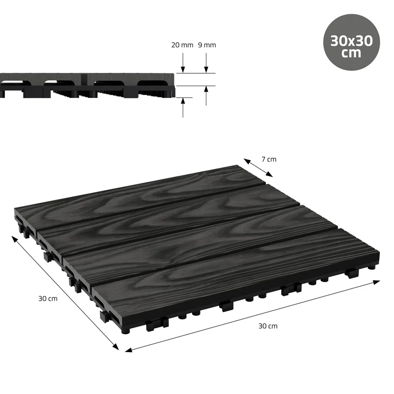 3x WPC Terrassenfliesen 30x30 cm 11er Spar Set für 1m² Anthrazit in Holzoptik Bodenbelag mit Drainage und Klicksystem