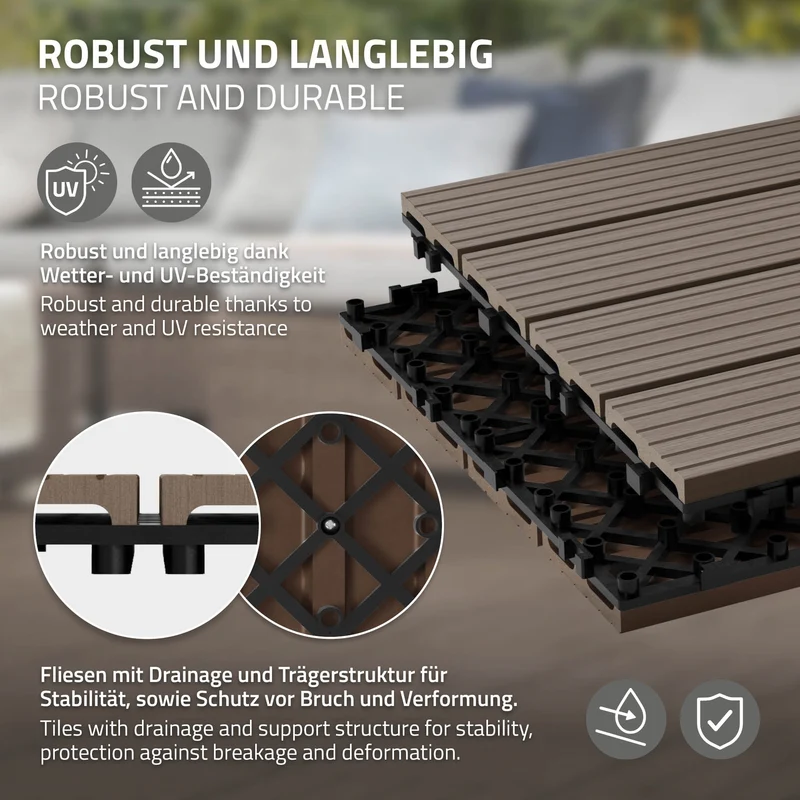 WPC Terrassenfliesen 30x30 cm 44er Set für 4m² Dunkelbraun in Holzoptik Balkon Bodenbelag mit Drainage und Klicksystem Terrassendielen Balkonfliesen