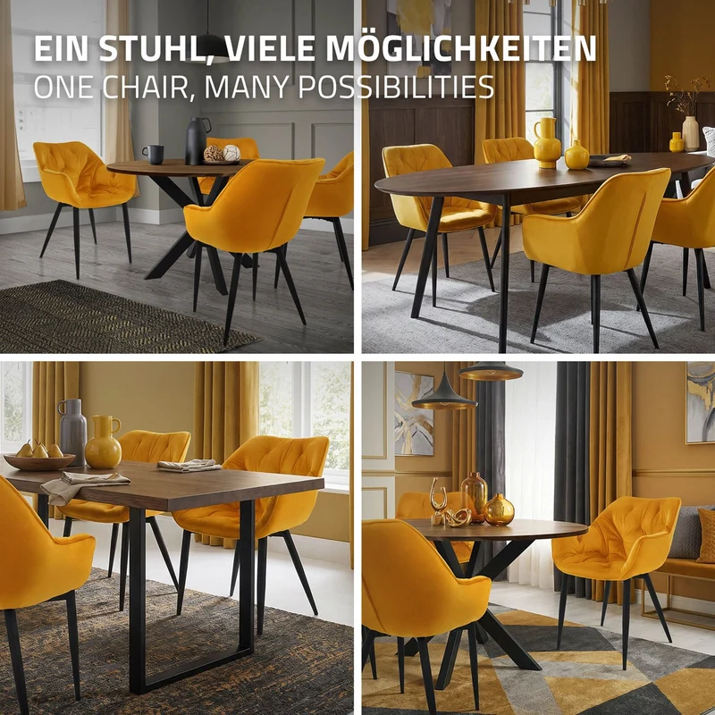 Esszimmerstuhl 4er Set mit Rücken- und Armlehnen Senfgelb Küchenstuhl mit Microfaser-Samtbezug ML-Design
