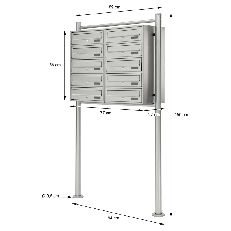 Briefkastenanlage mit Standfuß Silber 89x150x27 cm aus Edelstahl