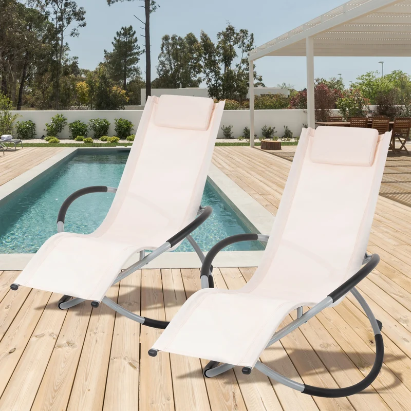 2er Set Schaukelliege mit Kopfstütze 155x45x125 cm Creme aus Polyester mit Stahlrahmen