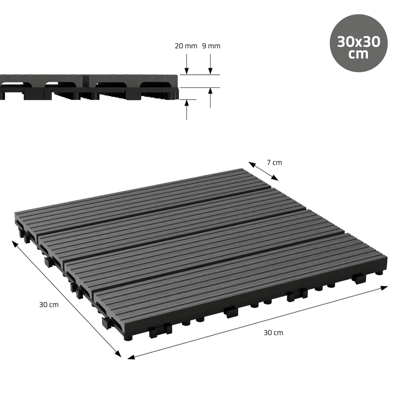 2m² 22 Stück WPC Terrassenfliesen 30x30 cm Anthrazit in Holzoptik Balkon Bodenbelag mit Drainage und Klicksystem Terrassendielen Balkonfliesen