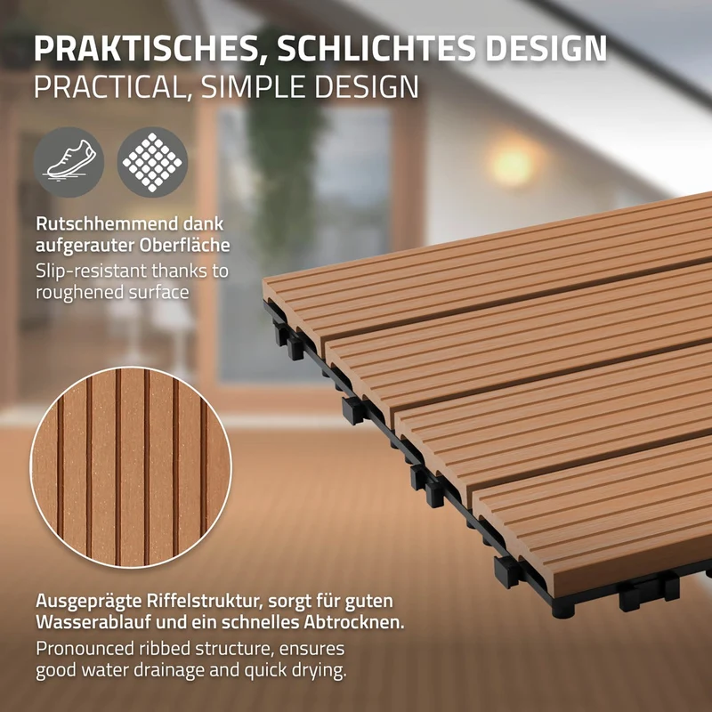 3m² 18 Stück WPC Terrassenfliesen 60x30 cm Hellbraun in Holzoptik Balkon Bodenbelag mit Drainage und Klicksystem Terrassendielen Balkonfliesen