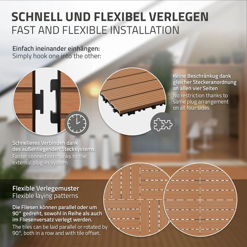 4m² 24 Stück WPC Terrassenfliesen 60x30 cm Hellbraun in Holzoptik Balkon Bodenbelag mit Drainage und Klicksystem Terrassendielen Balkonfliesen