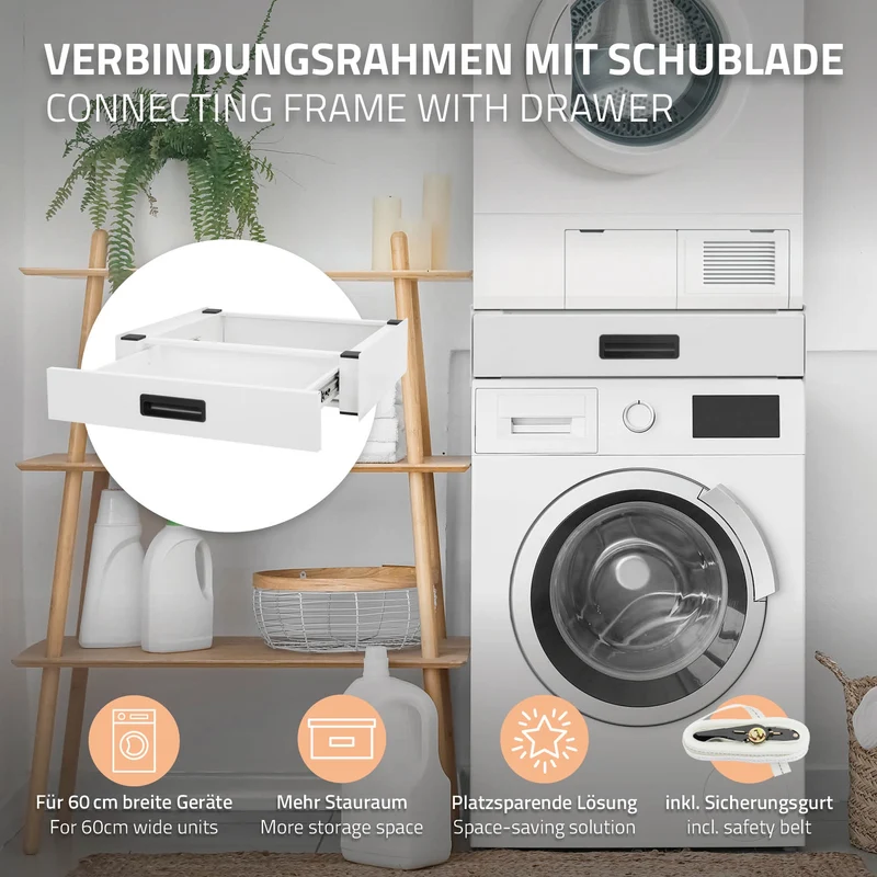 B-Ware Waschmaschinen Verbindungsrahmen mit Schublade 60,5x54 cm Weiß aus Stahl ML-Design