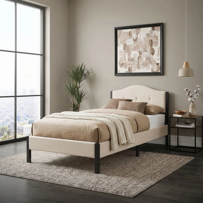 Polsterbett 90x200 cm, Beige, Einzelbett mit stabilem Bettgestell, Bett mit gepolstertes Kopfteil & Lattenrost, Jugendbett ML-Design