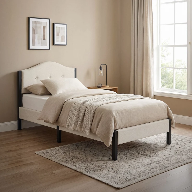 Polsterbett 90x200 cm, Beige, Einzelbett mit stabilem Bettgestell, Bett mit gepolstertes Kopfteil & Lattenrost, Jugendbett ML-Design