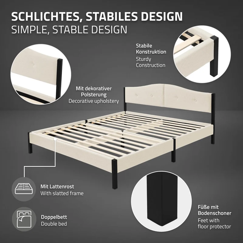 Polsterbett 160x200 cm, Beige, Doppelbett mit stabilem Bettgestell, Bett mit gepolstertes Kopfteil & Lattenrost, Jugendbett ML-Design