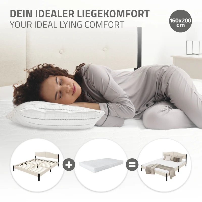 Polsterbett 160x200 cm, Beige, Doppelbett mit stabilem Bettgestell, Bett mit gepolstertes Kopfteil & Lattenrost, Jugendbett ML-Design