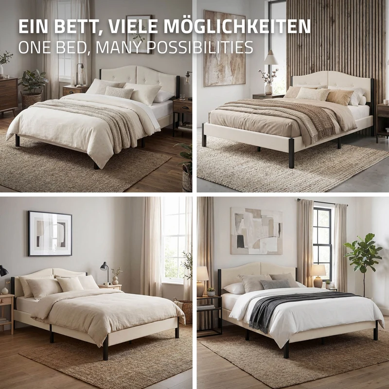 Polsterbett 140x200 cm, Beige, Doppelbett mit stabilem Bettgestell, Bett mit gepolstertes Kopfteil & Lattenrost, Jugendbett ML-Design