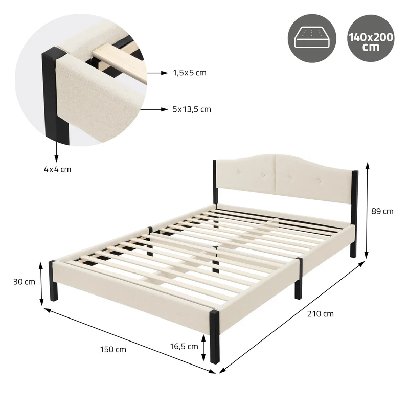 Polsterbett 140x200 cm, Beige, Doppelbett mit stabilem Bettgestell, Bett mit gepolstertes Kopfteil & Lattenrost, Jugendbett ML-Design