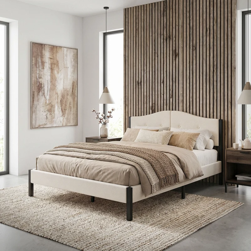Polsterbett 140x200 cm, Beige, Doppelbett mit stabilem Bettgestell, Bett mit gepolstertes Kopfteil & Lattenrost, Jugendbett ML-Design