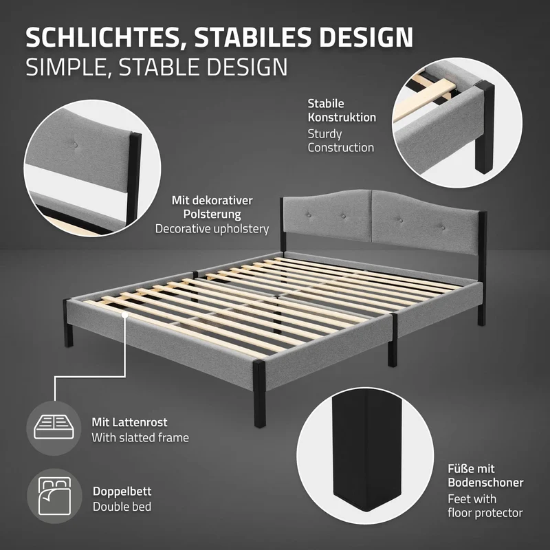 Polsterbett 160x200 cm, Grau, Doppelbett mit stabilem Bettgestell, Bett mit gepolstertes Kopfteil & Lattenrost, Jugendbett ML-Design