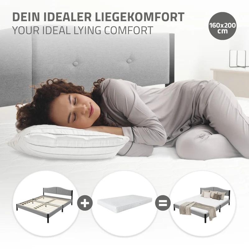 Polsterbett 160x200 cm, Grau, Doppelbett mit stabilem Bettgestell, Bett mit gepolstertes Kopfteil & Lattenrost, Jugendbett ML-Design